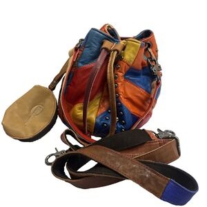 Ameri Leather Skulls And Rivets Patchwork Leather Drawstring Bucket Bag Rare